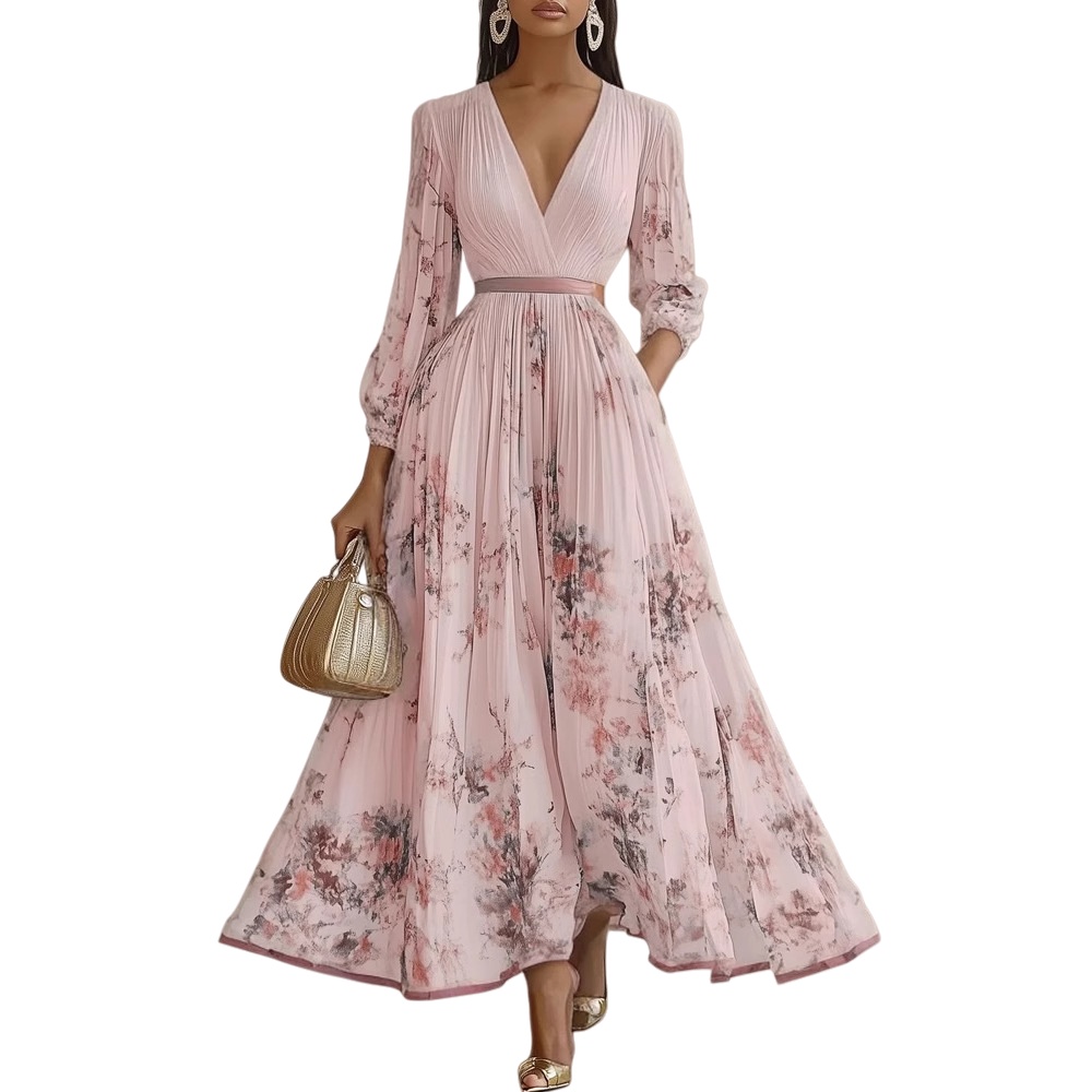 Elegant Floral Maxi Dress Women Long Sleeve Boho A-Line Pleated Dresses